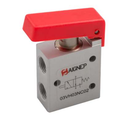Fin de course bouton poussoir pneumatique rouge 1/8 3/2 NC monostable avec ressort de rappel - Aignep