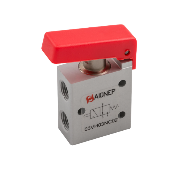 Fin de course bouton poussoir pneumatique rouge 1/8 3/2 NC monostable avec ressort de rappel - Aignep