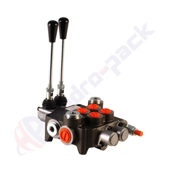 Distributeur hydraulique monobloc 80 litres, 2P80 , deux tiroirs , G 1/2" , tiroir centre ouvert , 2P80 A8 A1 GKZ1