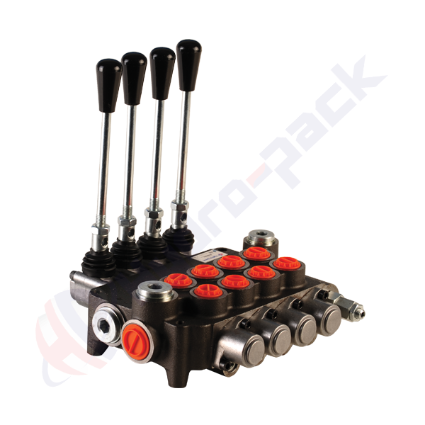 Distributeur hydraulique monobloc 80 litres, 4P80 , quatre tiroirs , G 1/2" , tiroir centre ouvert